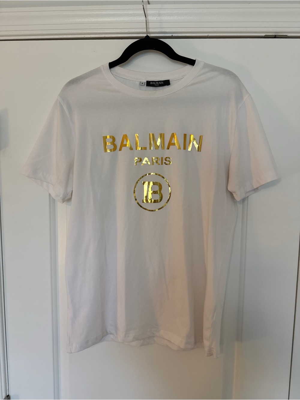 Balmain White Short Sleeve Tee with Gold Foil Logo